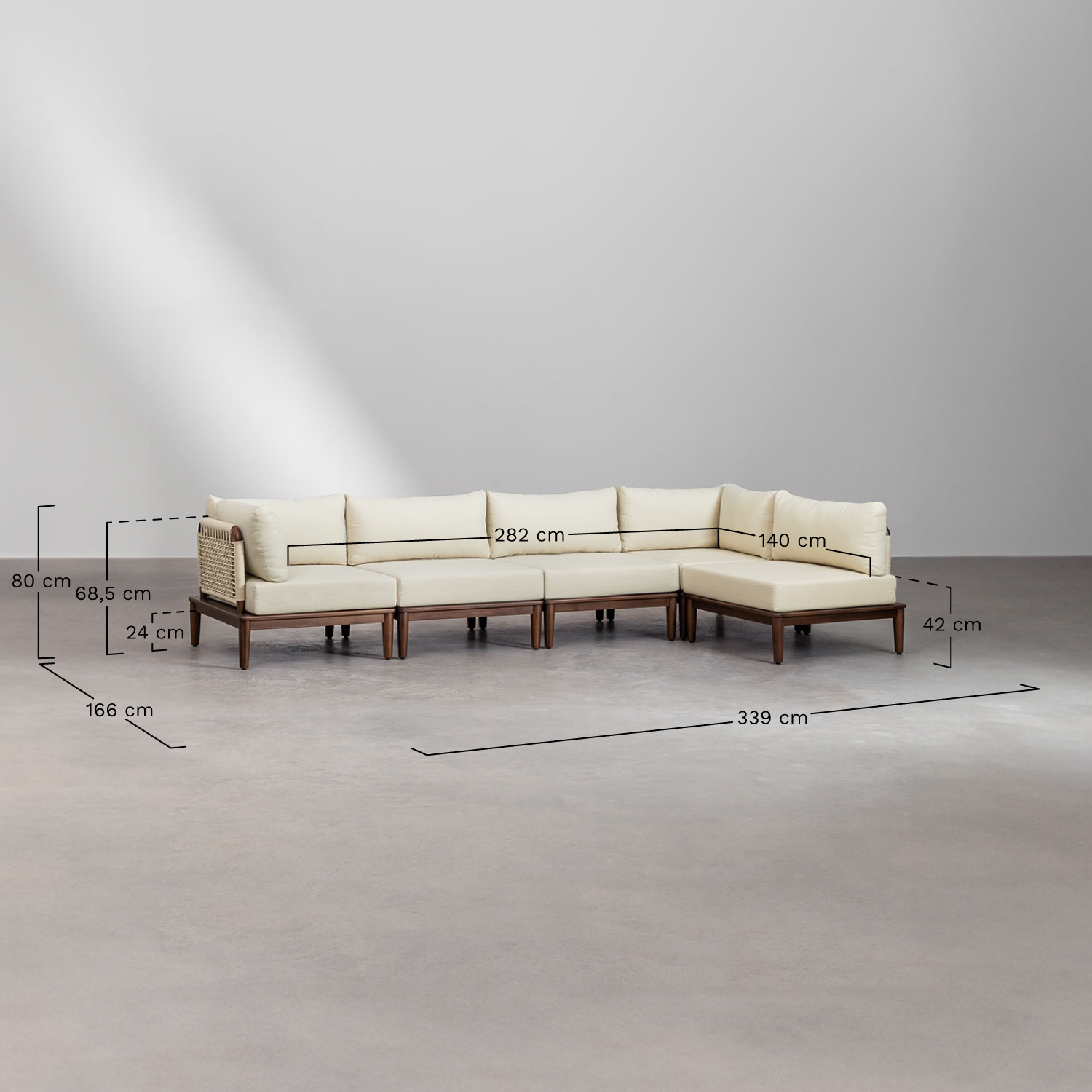 Conjunto de sala com sofá modular de canto de 5 peças e mesa de centro em acácia Giulia, Dimensões