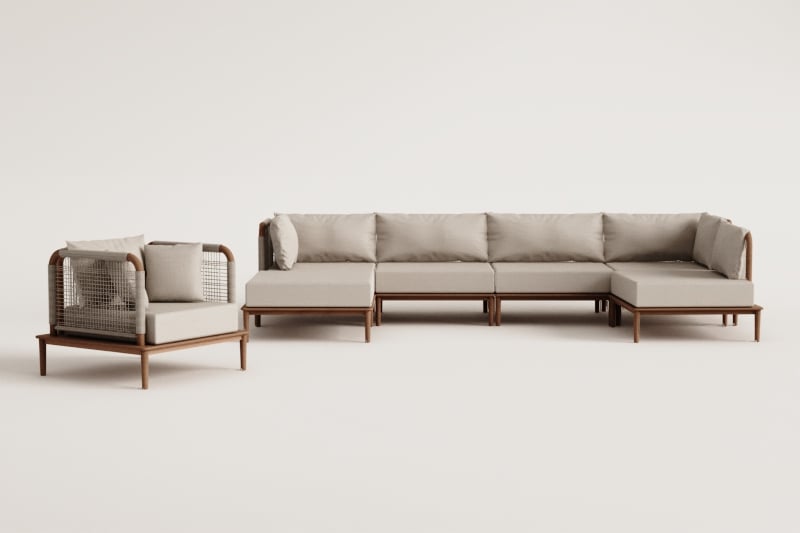 Conjunto de sala com sofá modular de canto de 5 peças com puff e poltrona em acácia Giulia