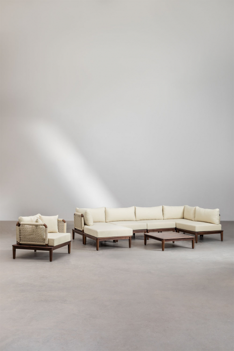 Conjunto de sala com sofá modular de canto de 5 peças, mesa de centro, puff e poltrona em acácia Giulia