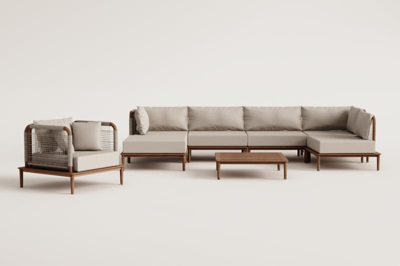 Conjunto de sala com sofá modular de canto de 5 peças, mesa de centro, puff e poltrona em acácia Giulia