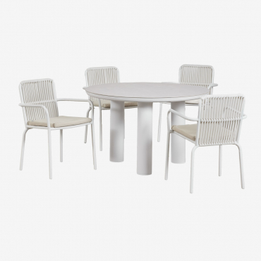 Conjunto De Mesa Redonda De Cerâmica E Alumínio Arken, Ø120, E Quatro Cadeiras De Jardim De Alumínio Alberta Com Braços. Crema - Sklum