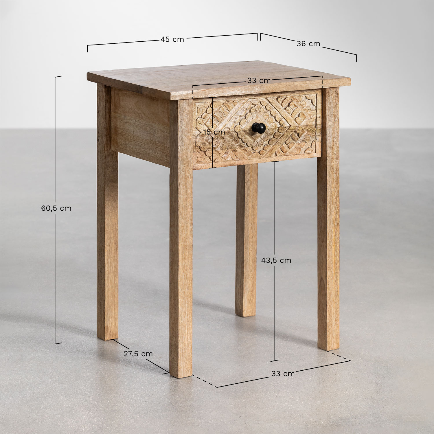 Mesa de cabeceira de madeira de mangueira Marajá, Dimensões