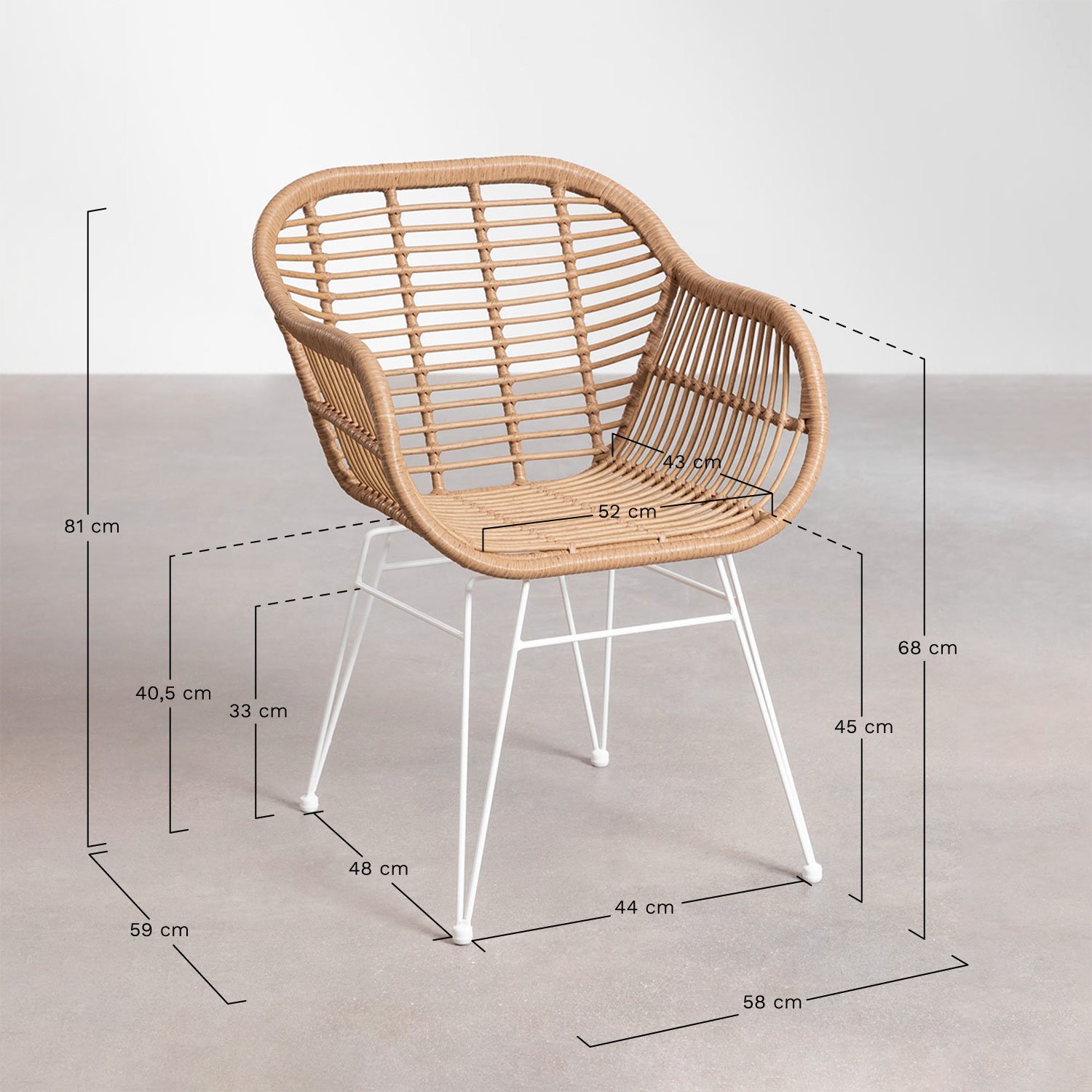 Conjunto de mesa retangular 180x90 cm em madeira de acácia e aço Maupi e 6 cadeiras de jardim em vime sintético Zole, Dimensões