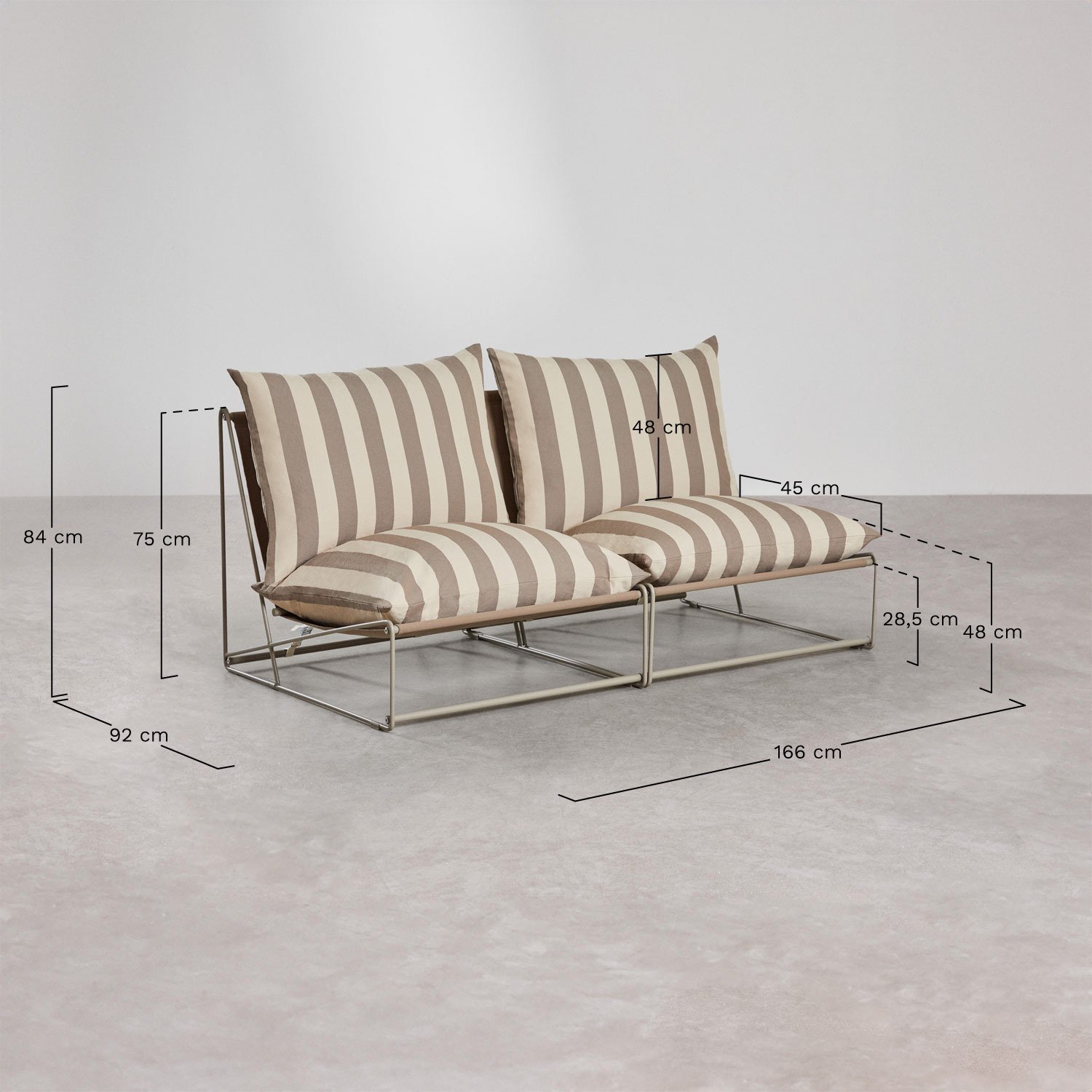 Conjunto de jardim Amaro com sofá modular de 2 peças e mesa lateral conversível, Dimensões