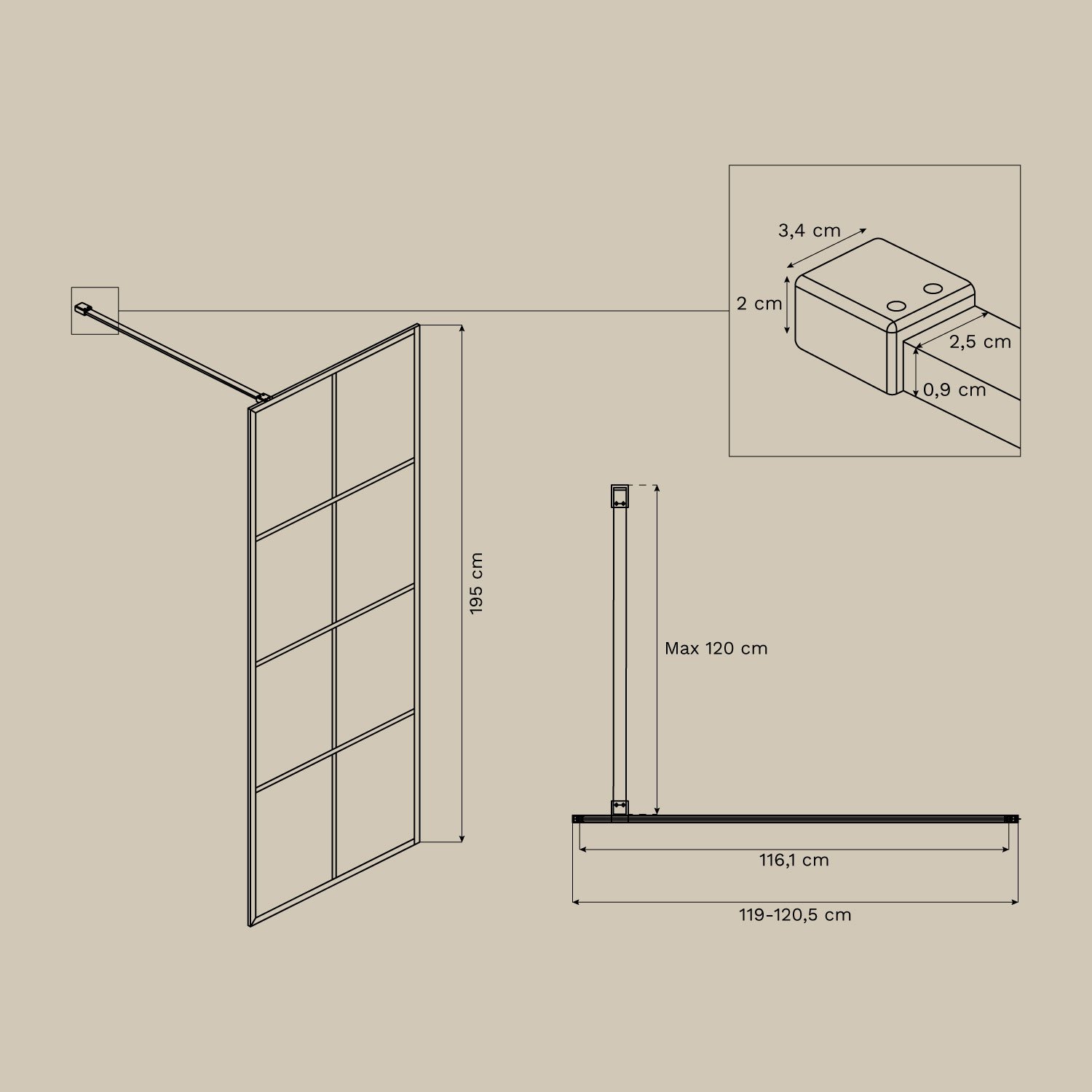 Divisória de chuveiro fixa com padrão xadrez, vidro temperado de 8 mm e alumínio Camden, Dimensões