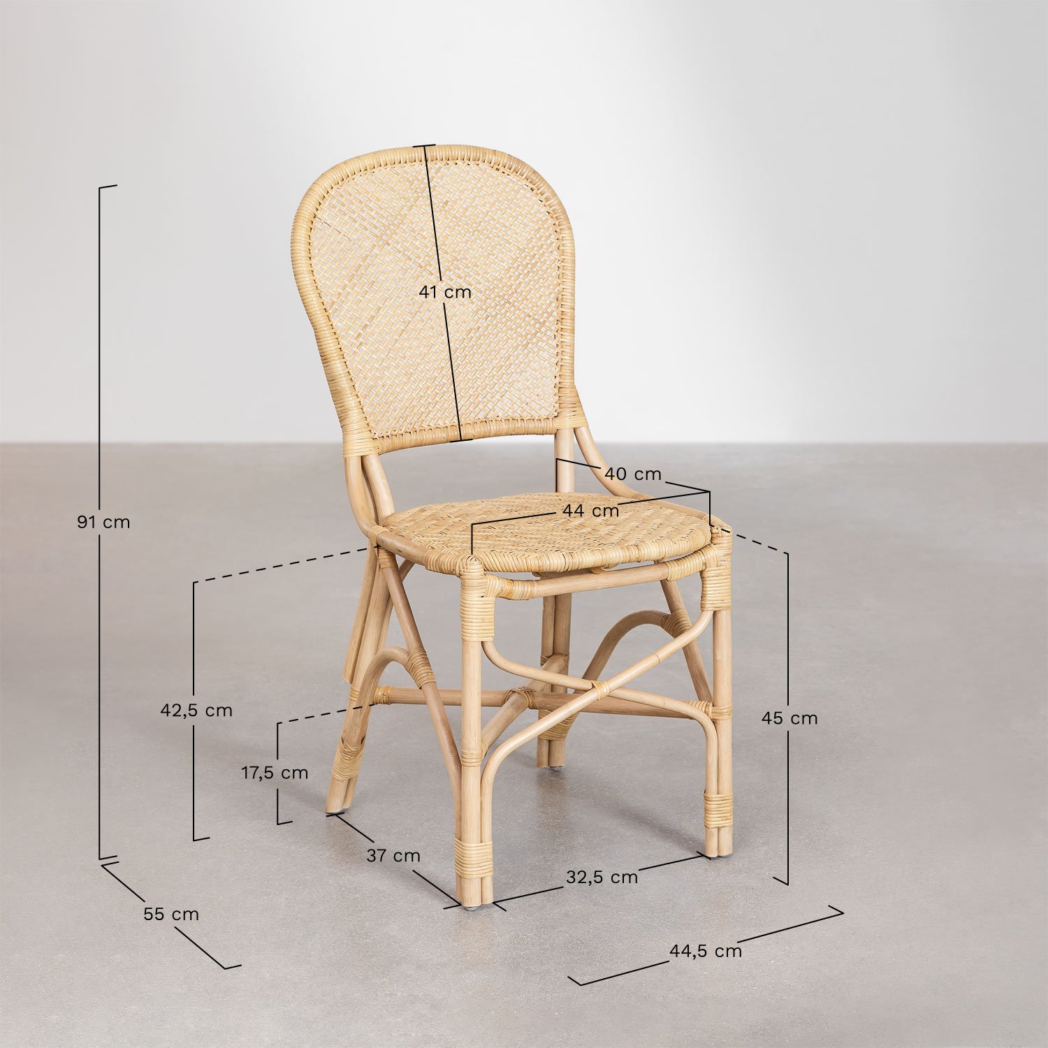 Cadeira de jantar de vime Zariel, Dimens&otilde;es