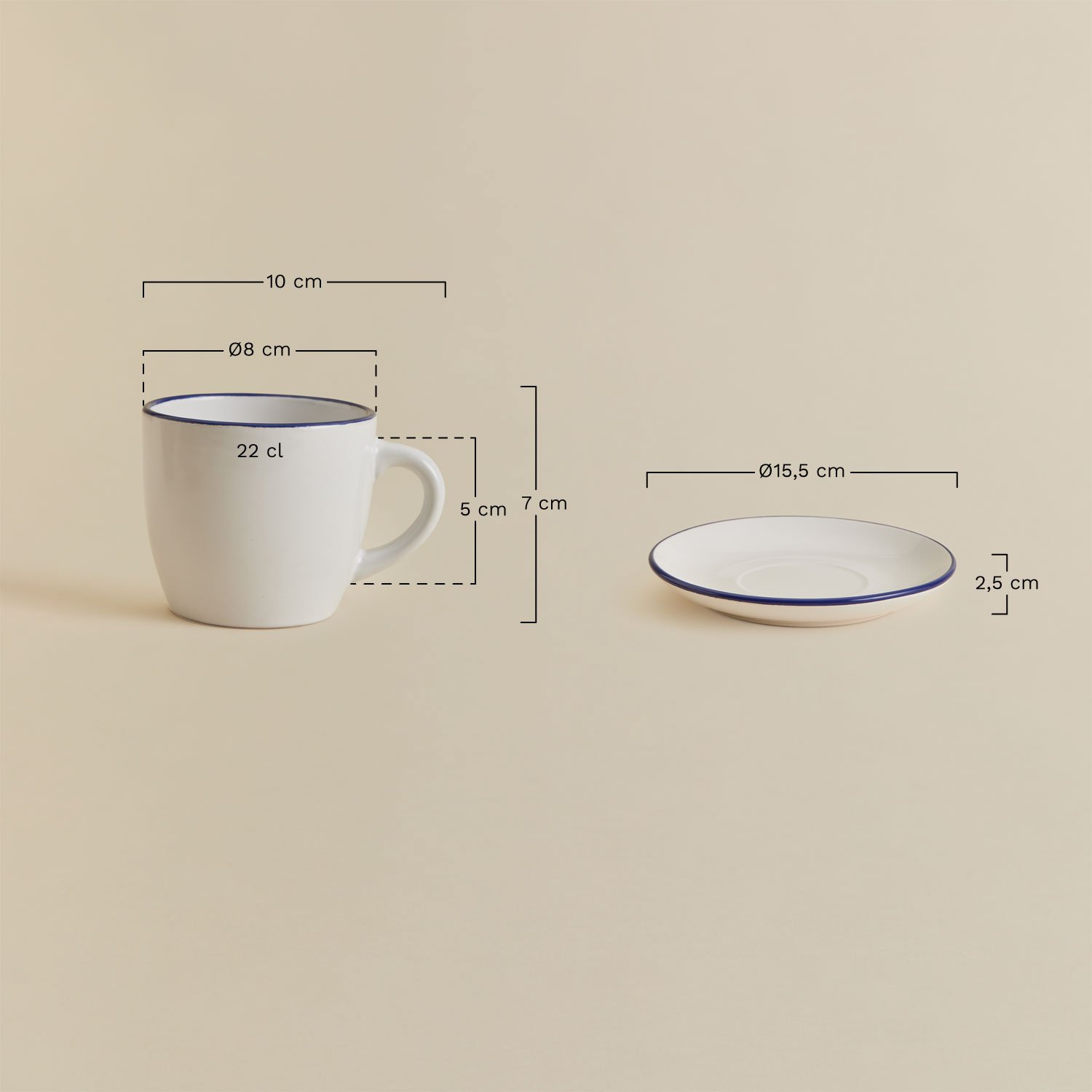 Pacote de 2 xícaras de café em grés Ronilena com pires, 22 cl, Dimensões