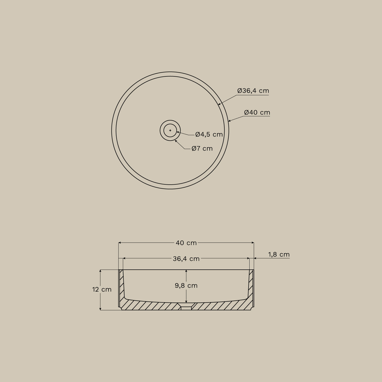 Lavatório redondo Ø40 cm em cimento Elbru, Dimensões