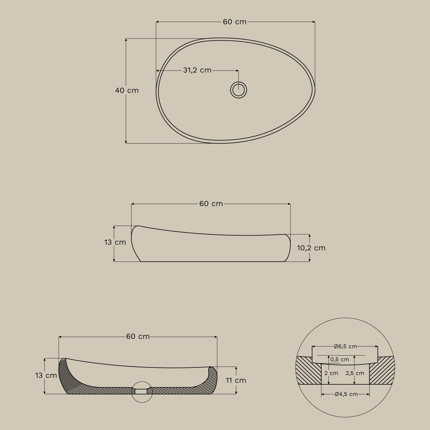 Pia de concreto Bethany, Dimensões