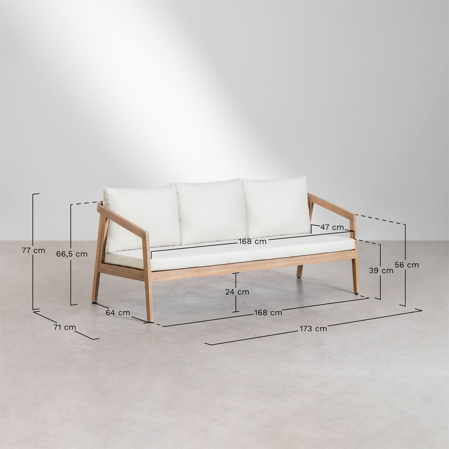 Conjunto de jardim Kaela com sofá, 2 poltronas e mesa de centro em madeira de acácia, Dimensões