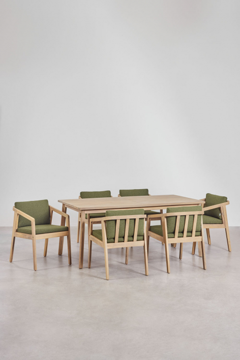 Conjunto de mesa retangular 180x90 cm e 6 cadeiras de jantar em madeira de acácia Kaela - Bouclé Verde Sálvia