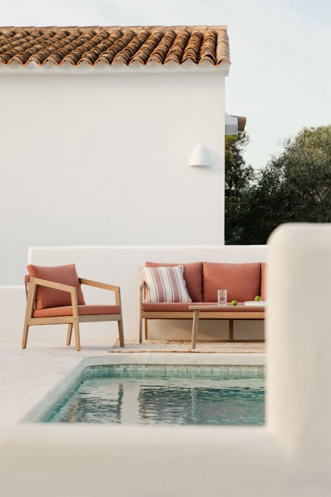 Poltrona de jardim em madeira de acácia e corda trançada Kaela - Tecido Telha Vermelha