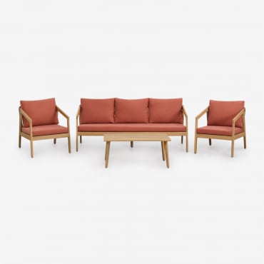 Conjunto De Sala De Estar Com Sofá De 3 Lugares, 2 Poltronas E Mesa De Centro Em Madeira De Acácia E Corda Trançada Kaela Telha - Sklum