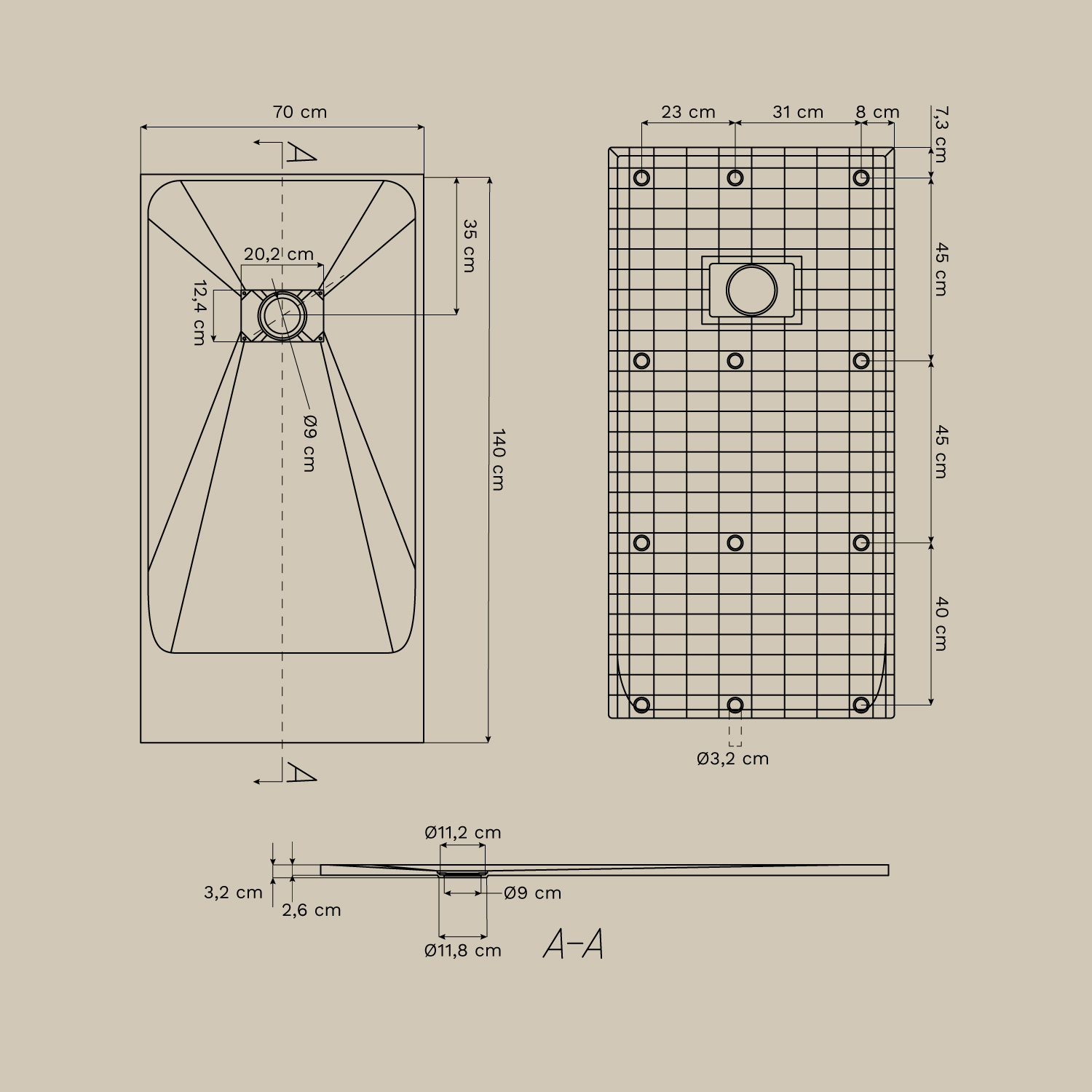 Base de chuveiro retangular Soho, antiderrapante e extra plana em resina SMC, Dimens&otilde;es