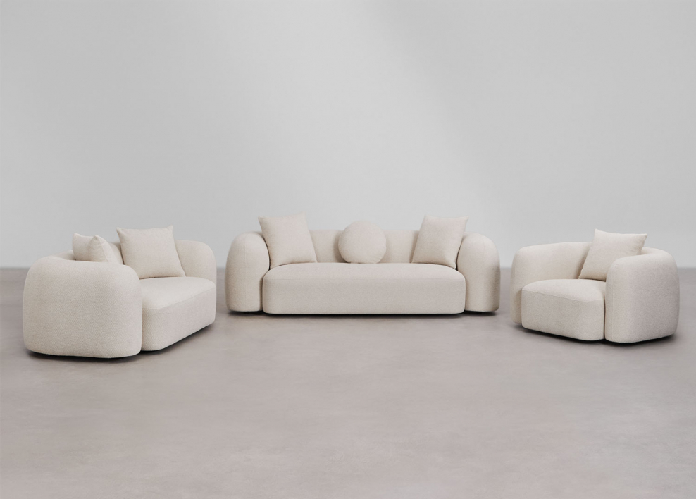 Conjunto de sala de estar com sofá modular de 3 lugares, sofá de 2 lugares e poltrona em chenille Coco - Chenille Branco Grosso