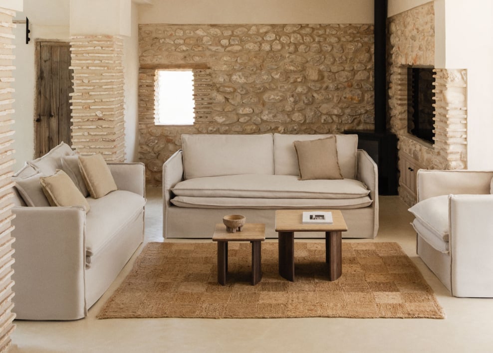Conjunto de sala de estar com sofá de 2 lugares, sofá de 3 lugares e poltrona em linho e algodão Grace - Tecido Beige