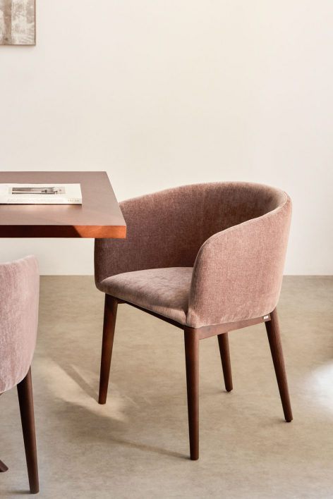 Cadeira de jantar estofada Bunia com braços - Chenille Rosa Quartzo
