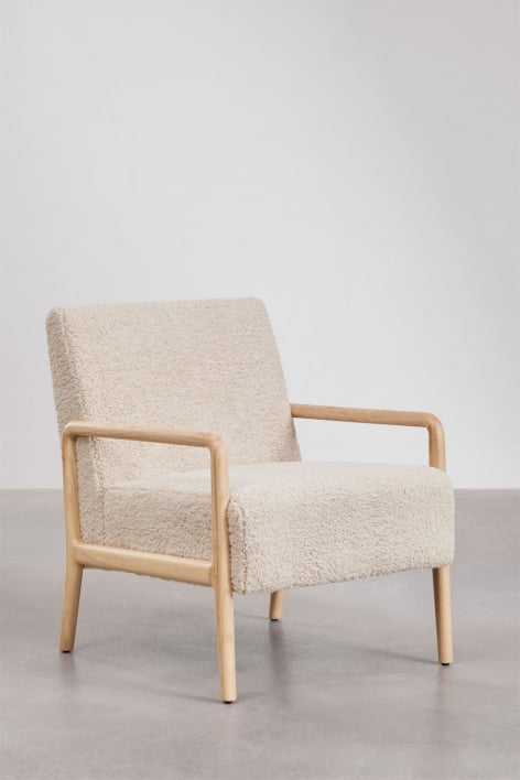 Poltrona de madeira de seringueira Maylene - Chenille Creme Bege