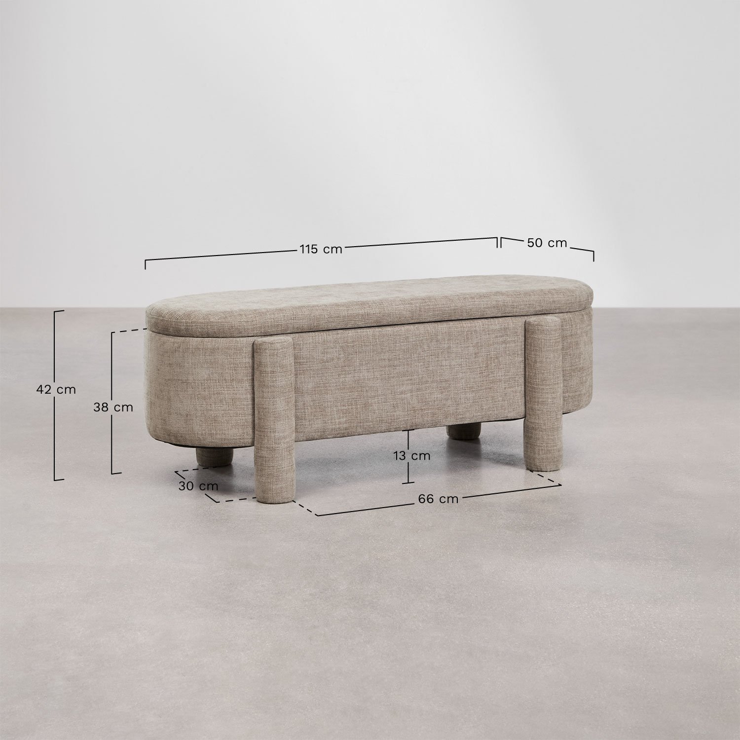 Pouf 115 cm com arrumação estofado Cleo, Dimensões