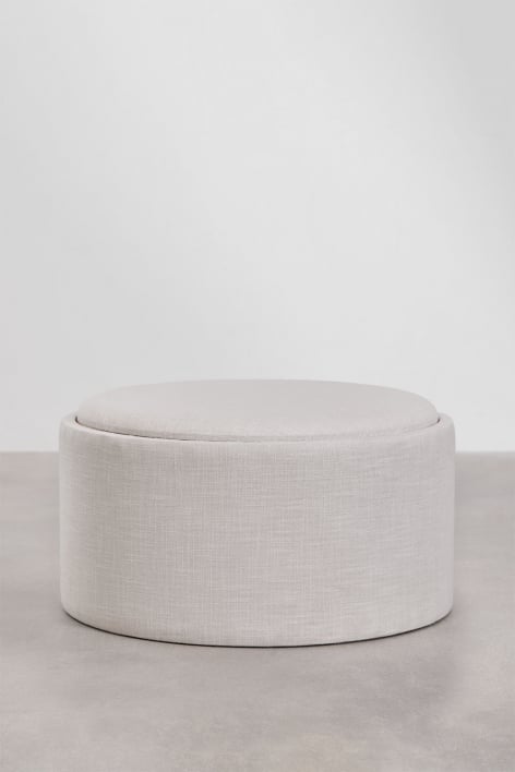 Pufe redondo estofado Berkeleni com bandeja e armazenamento - Linho Beige Creme