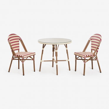 Conjunto De Mesa Redonda Brielle Bistro (80 Cm De Diâmetro) E Duas Cadeiras De Jardim Empilháveis De Alumínio Vermelho Burdeos - Beige Creme - Sklum