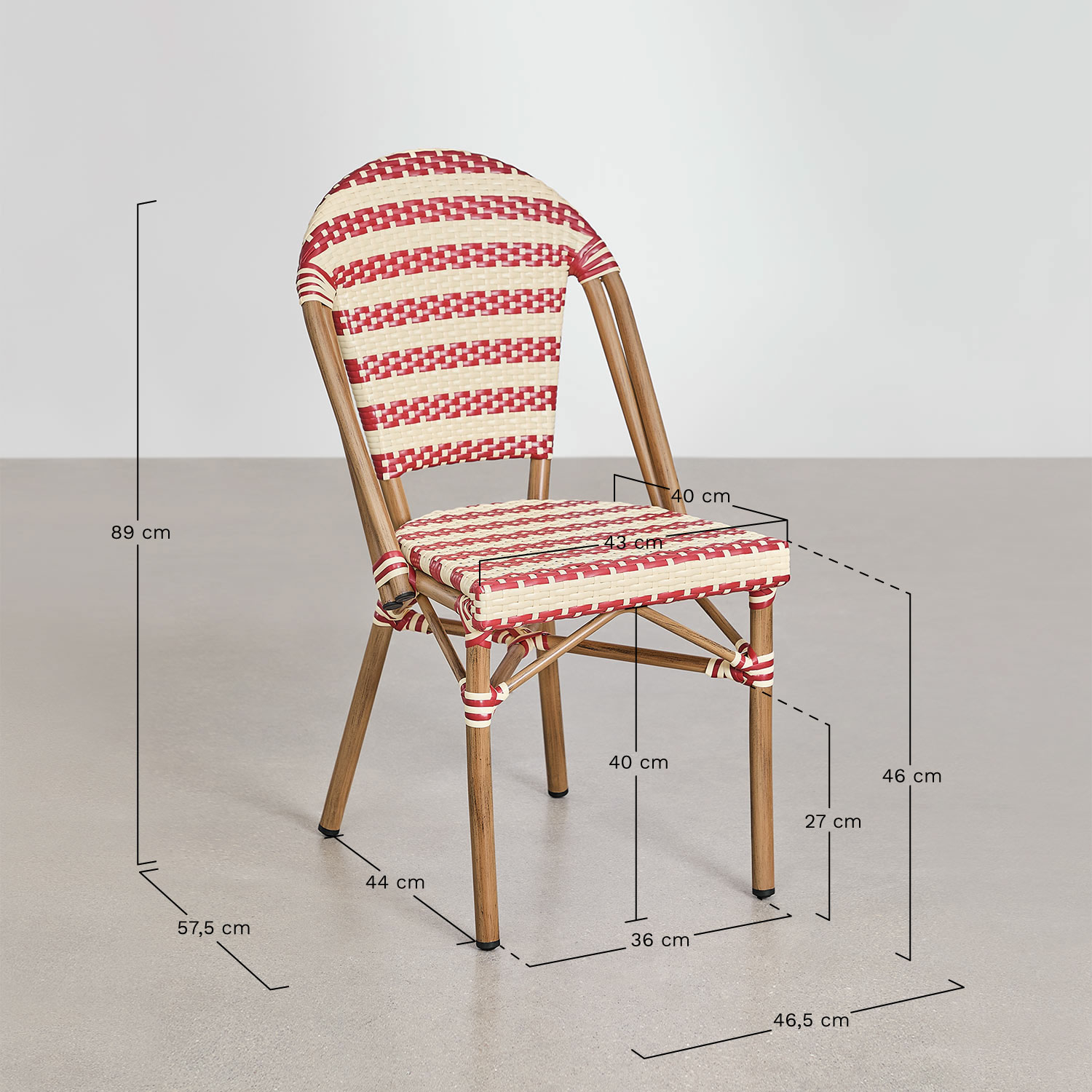 Conjunto de mesa redonda Ø80 cm e 2 cadeiras de jantar empilháveis em alumínio Brielle Bistro, Dimens&otilde;es