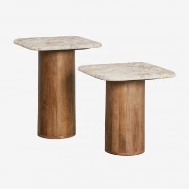 Conjunto De 2 Mesas De Centro Quadradas 40x40 Cm Em Mármore E Madeira De Manga Merieines Madeira De Cabo Escuro - Sklum