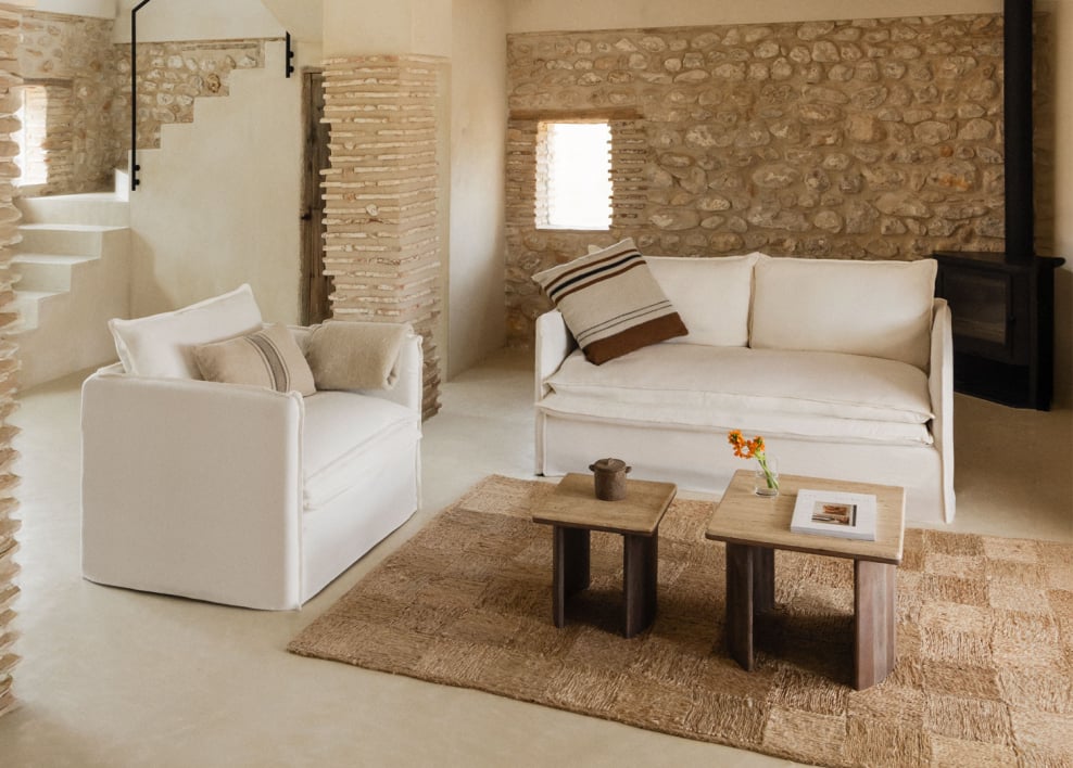 Conjunto de sala de estar com sofá de 2 lugares e poltrona em linho e algodão Grace