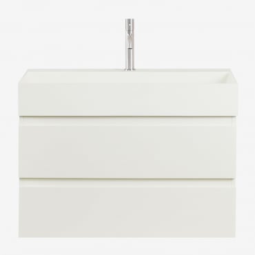 Conjunto De Móvel De Casa De Banho Suspenso Em Madeira E Folha De Freixo Com Lavatório Integrado Ona Branco & Sem Espelho & - Sklum