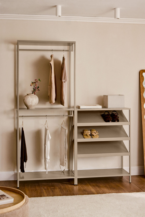 Guarda-roupa modular aberto Janine de 2 peças com cabideiro baixo de aço e sapateira - Moka Brown