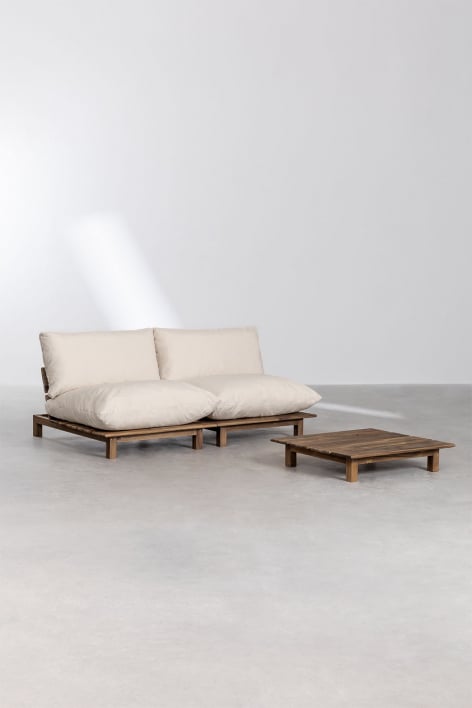 Conjunto de sala com sofá modular reclinável de 2 peças e mesa de centro em madeira de acácia Brina - Beige Creme