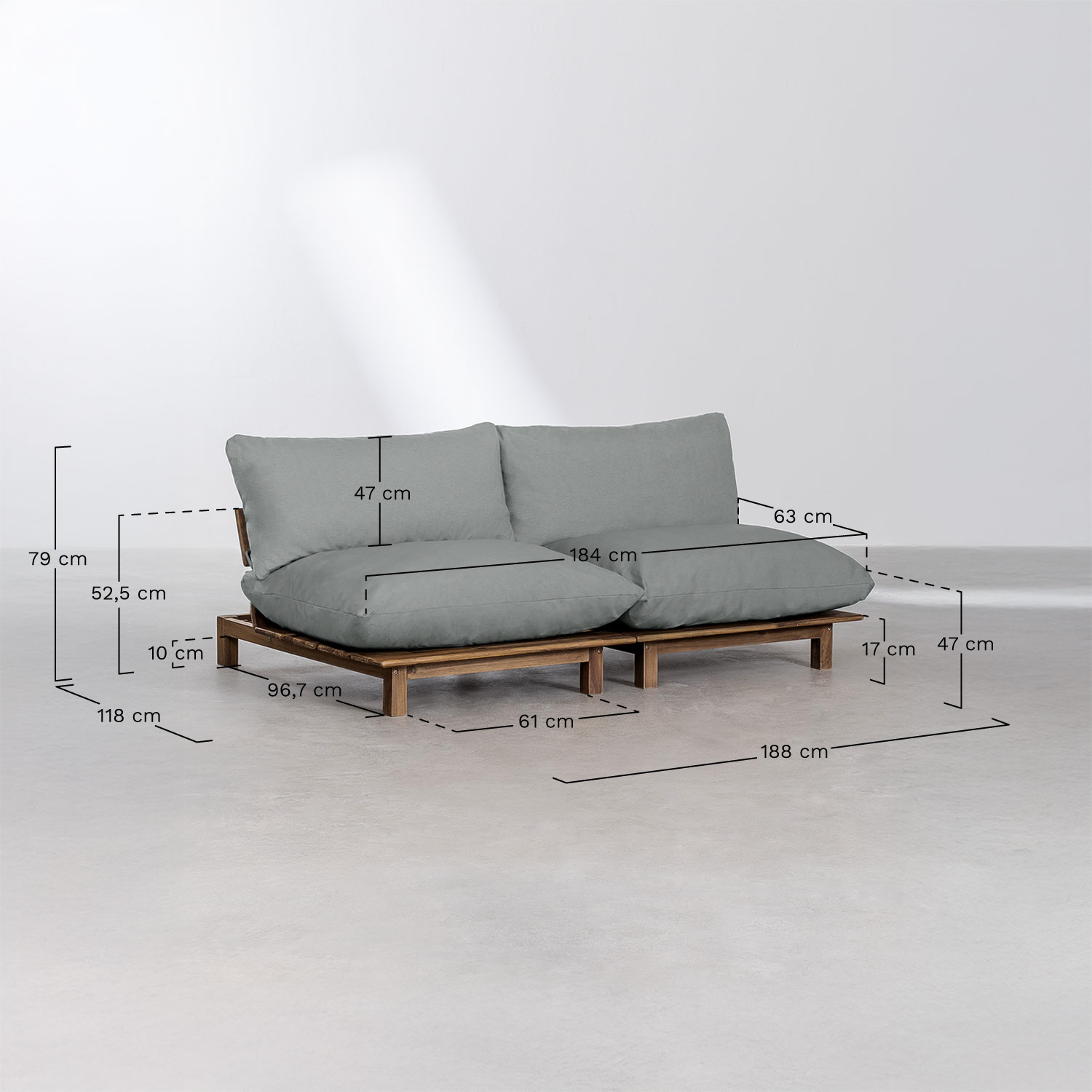 Conjunto de sala com sofá modular reclinável de 2 peças e mesa de centro em madeira de acácia Brina, Dimens&otilde;es