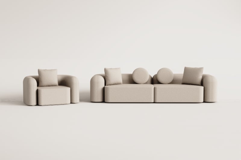 Conjunto de sala com sofá modular de 2 peças e poltrona em chenille Coco