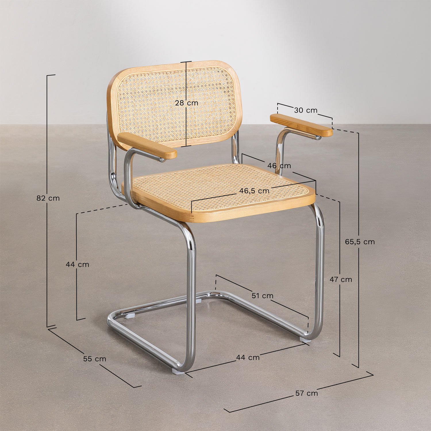 Pack de 2 cadeiras de jantar com braços em rattan e aço Tento, Dimensões