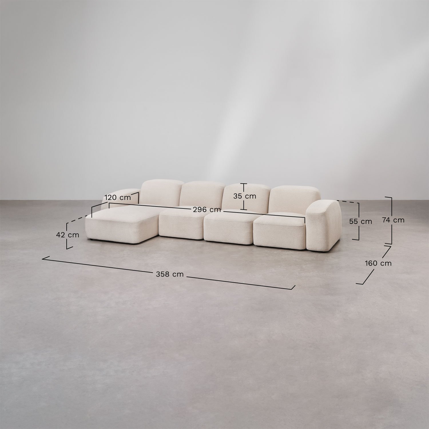 Sofá modular Bastian de 4 peças com chaise longue do lado esquerdo, Dimensões