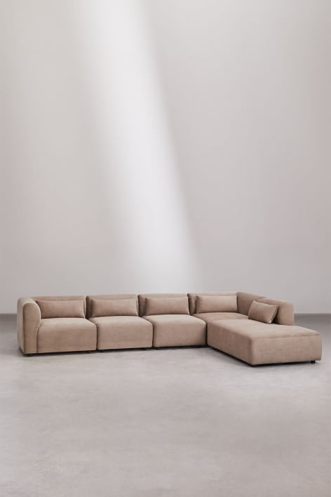 Sofá modular Fogler de 5 peças com chaise longue direita - Bombazina Camelo Castanho