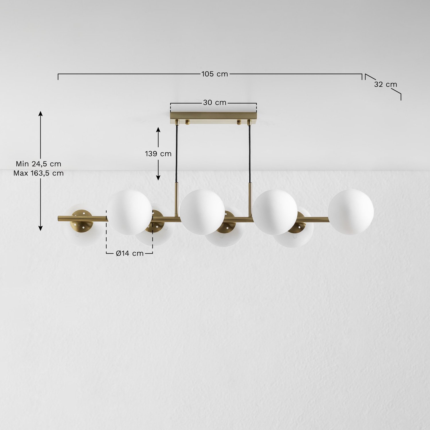 Candeeiro de teto em bolas de ferro e vidro Uvol , Dimensões