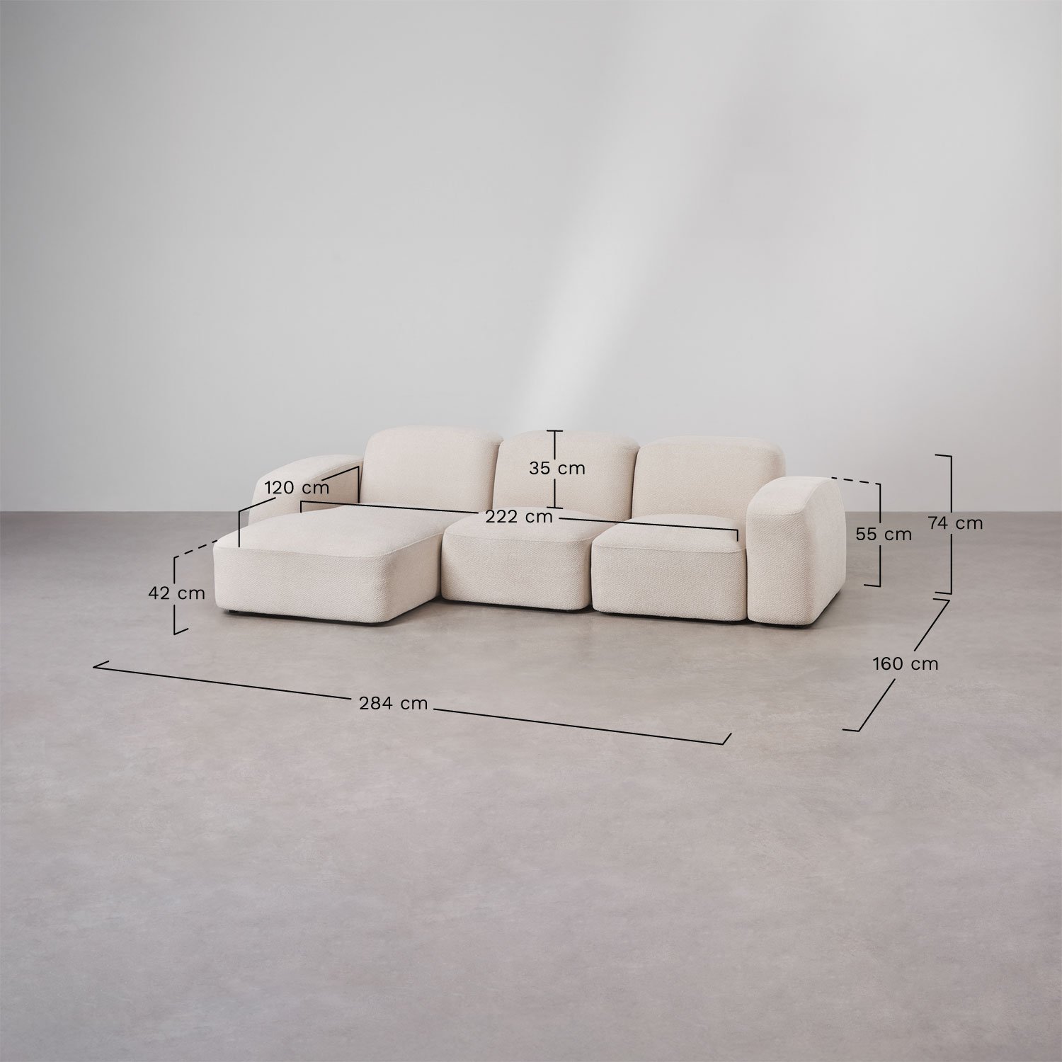 Sofá Chaise Longue Modular Bastian de 3 Peças à Esquerda, Dimensões