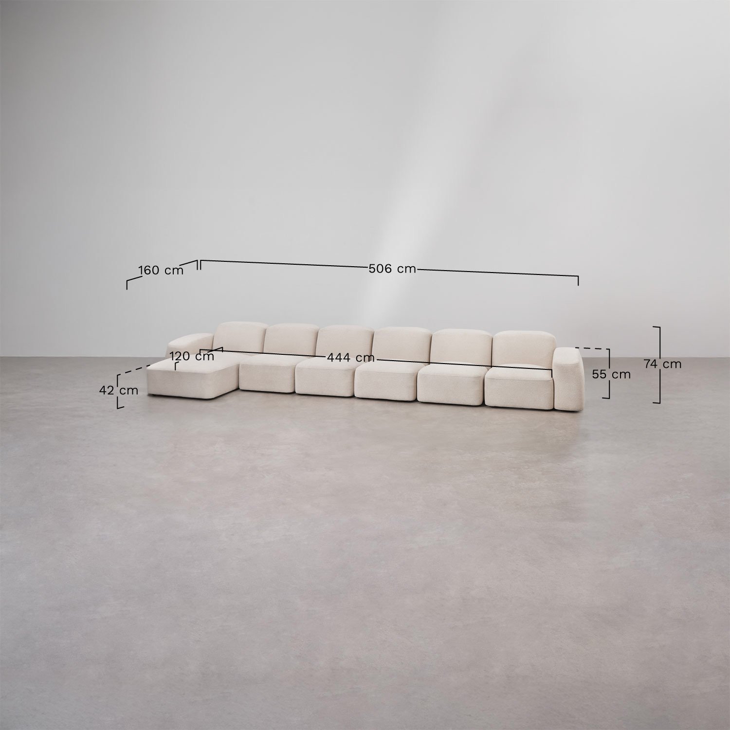 Sofá modular Bastian de 6 peças com chaise longue à esquerda, Dimensões