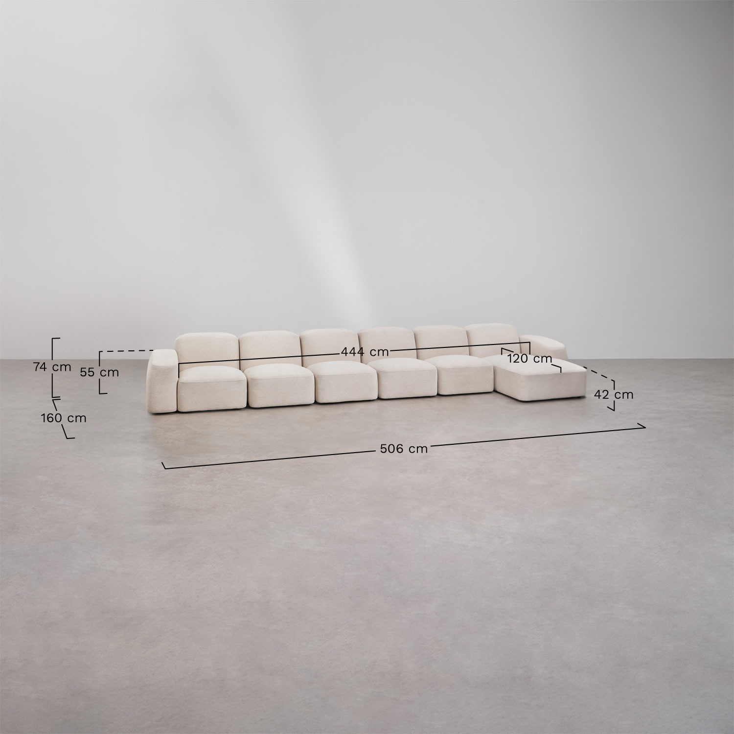 Sofá modular Bastian de 6 peças com chaise longue lateral direita, Dimensões