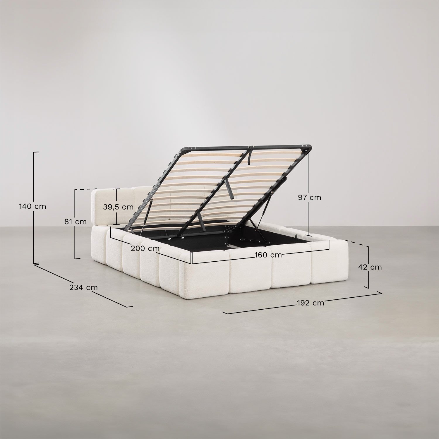 Cama com canapé abatível estofada Jolcem, Dimensões