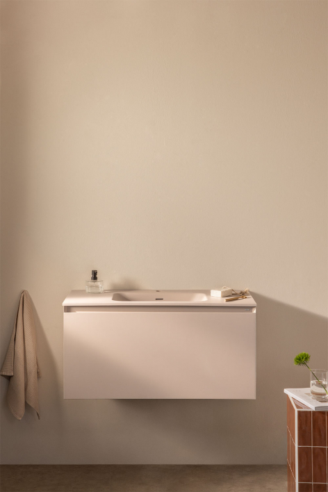 Conjunto de móvel de casa de banho suspenso em madeira com lavatório integrado Macrae - Crema Linho