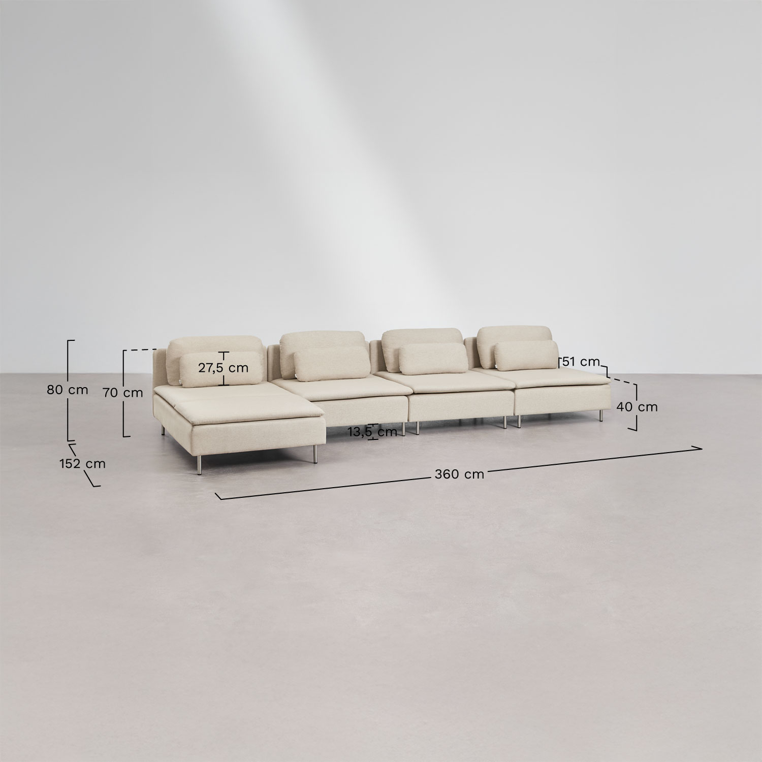 Sofá modular Oriol de 4 peças com chaise longue lateral esquerda, Dimensões