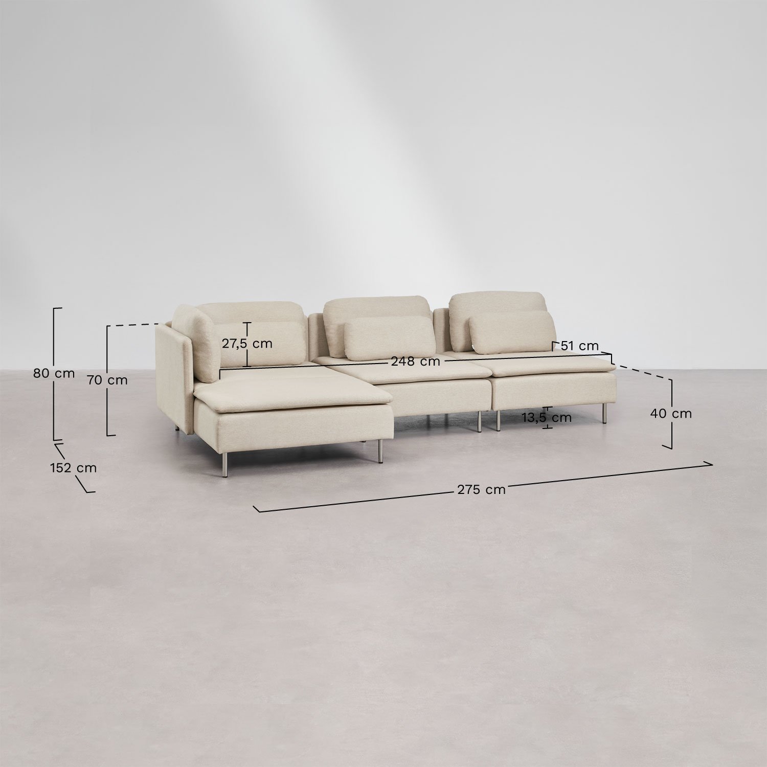 Sofá modular Oriol de 3 peças com chaise longue à esquerda, Dimensões