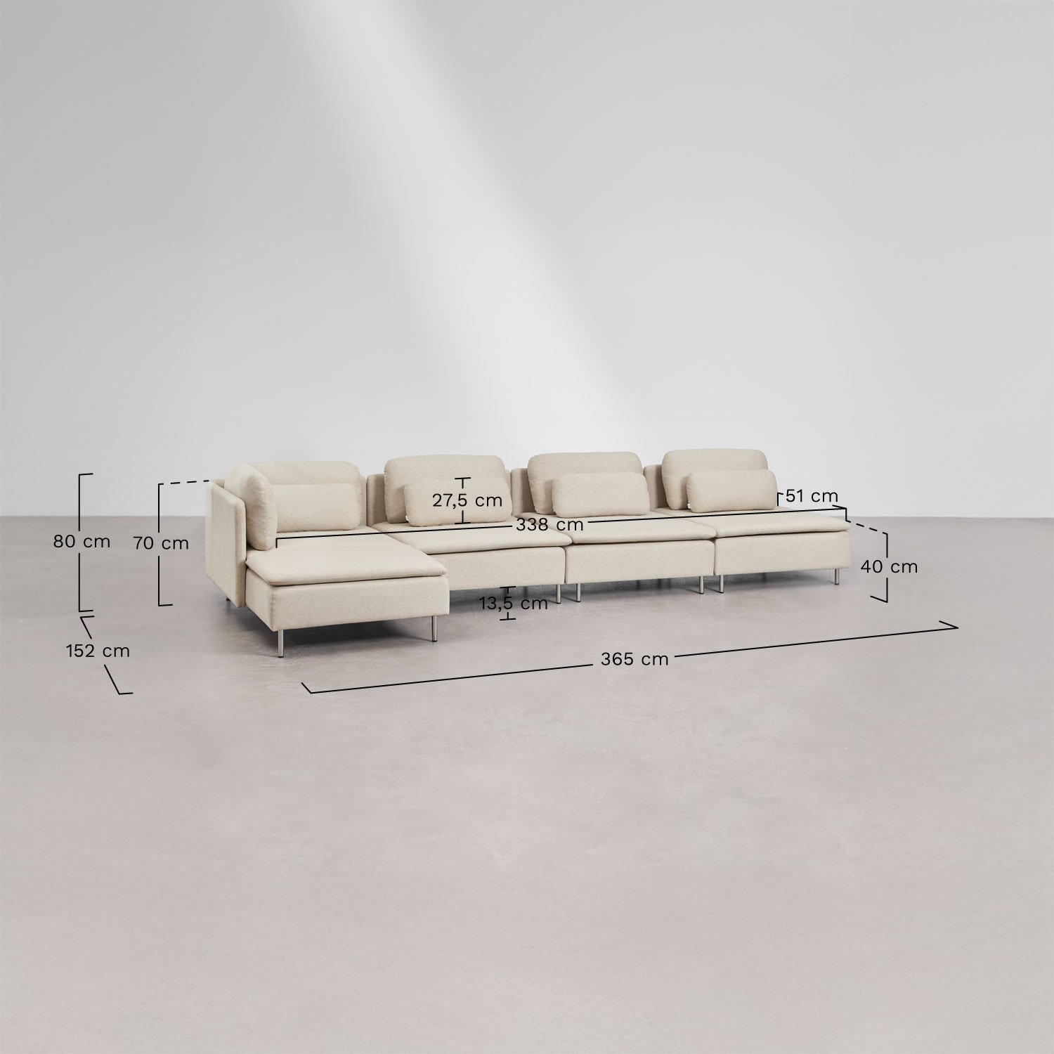 Sofá modular Oriol de 4 peças com chaise longue lateral esquerda, Dimensões