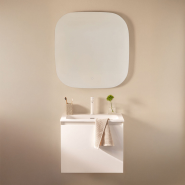 Conjunto De Móvel De Casa De Banho Suspenso Em Madeira Com Lavatório Integrado Macrae Branco & Quadrado Led E Anti-embaciamento 75x75 Cm - Sklum