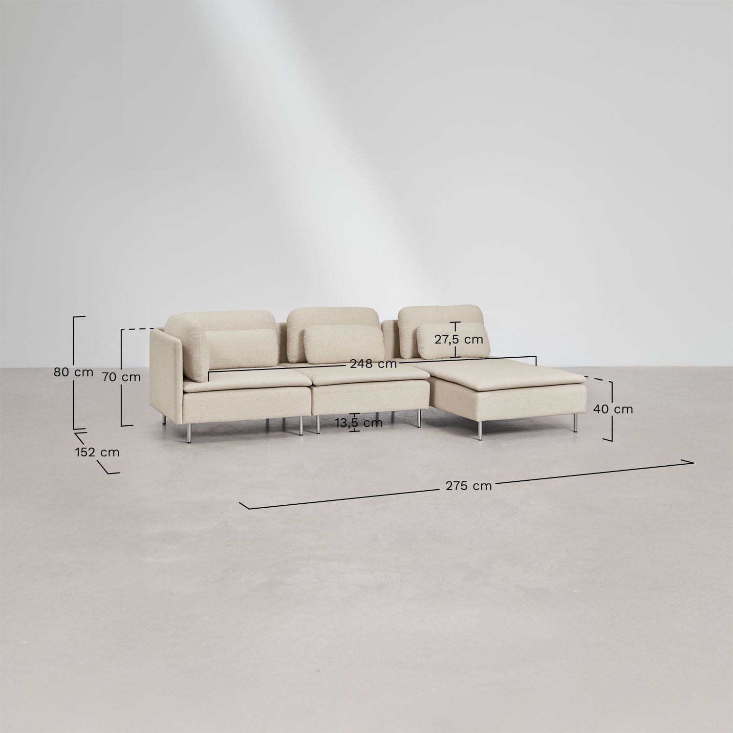 Sofá modular chaise longue direito de 3 peças com módulo de canto Oriol, Dimensões