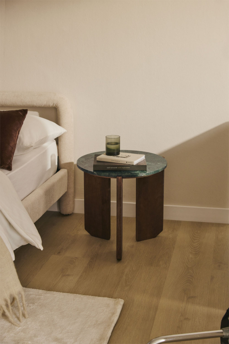 Mesa de cabeceira redonda Ø50 cm em pedra natural e madeira de manga Lavinia - Mármore Verde Udaipur