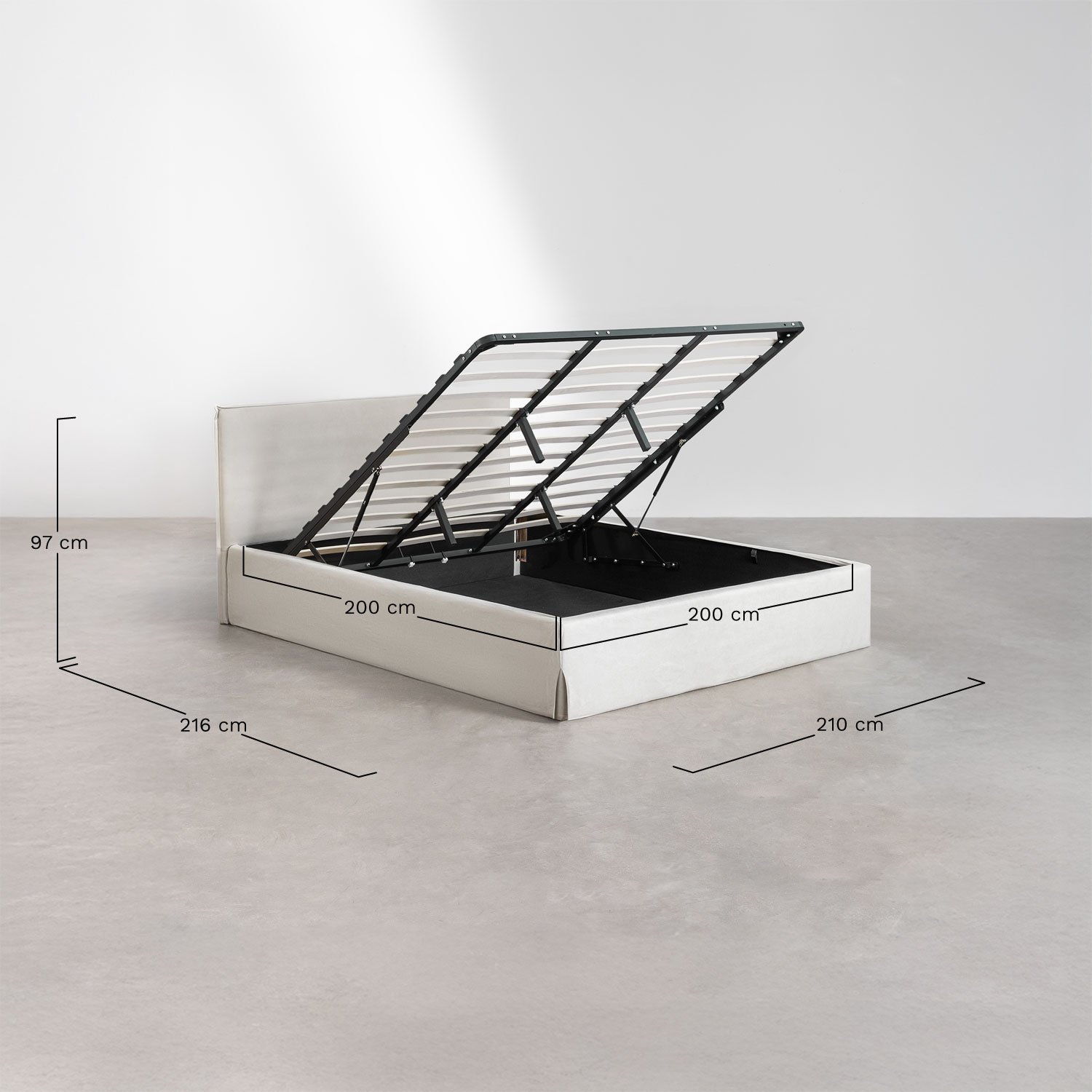 Cama com estrado elevatório estofada Lorea, Dimensões