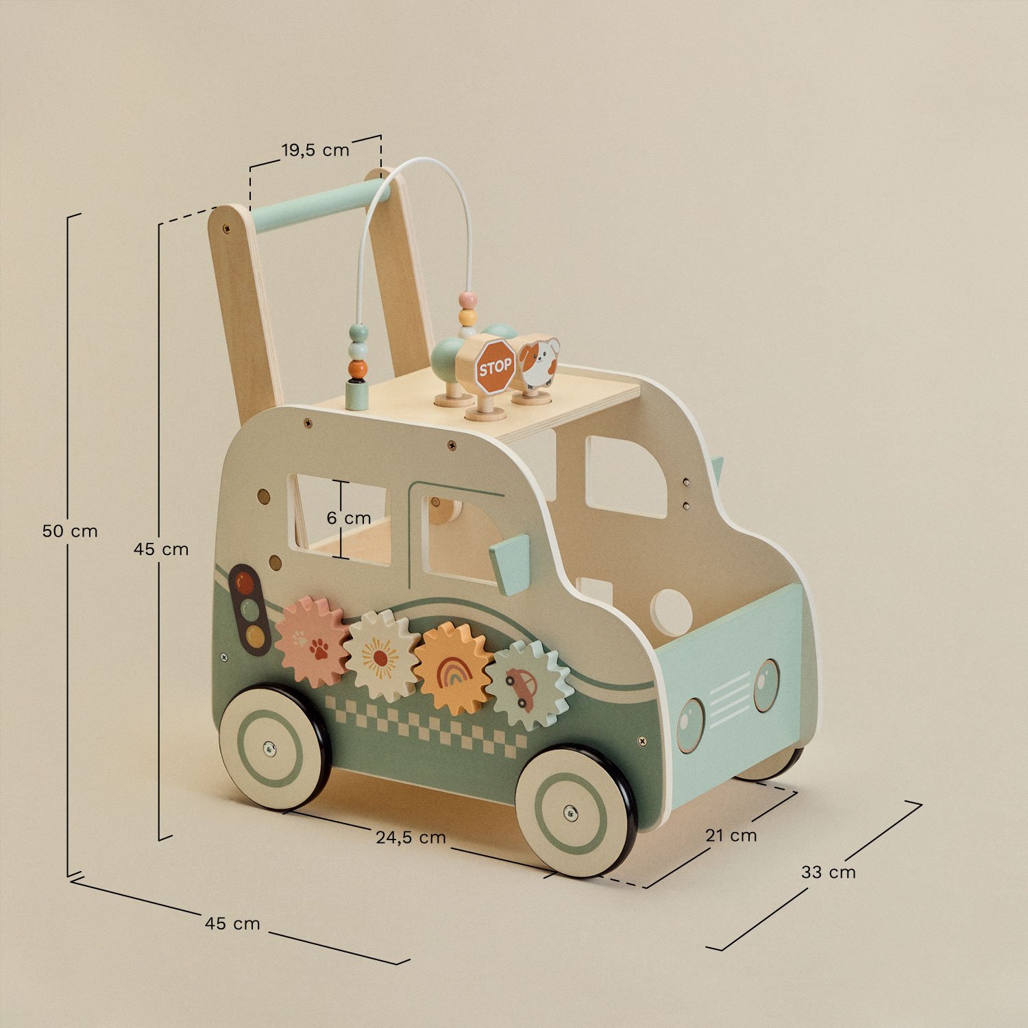 Andador de madeira multi-atividades Giennah Kids, Dimensões